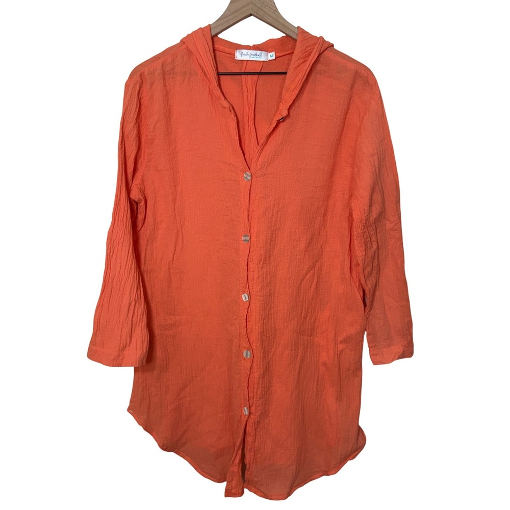 Fresh Produce‎ Orange Cotton Gauze Button Up Hooded Tunic Shirt Women's M Beach